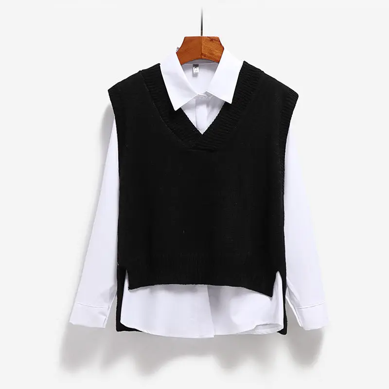 Women Sweater Vest Spring 2022 Autumn Women Short Loose Knitted Sweater Sleeveless V-Neck Pullover Tops Female Outerwear Black