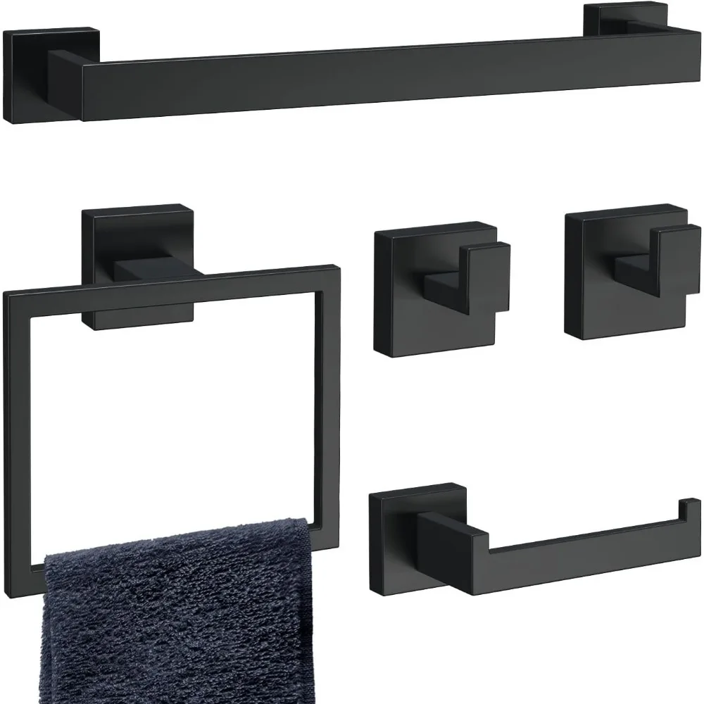 

5-Piece Matte Black Bathroom Set, Stainless Steel Wall-Mounted Towel Bar, Paper Holder, Ring & Hooks