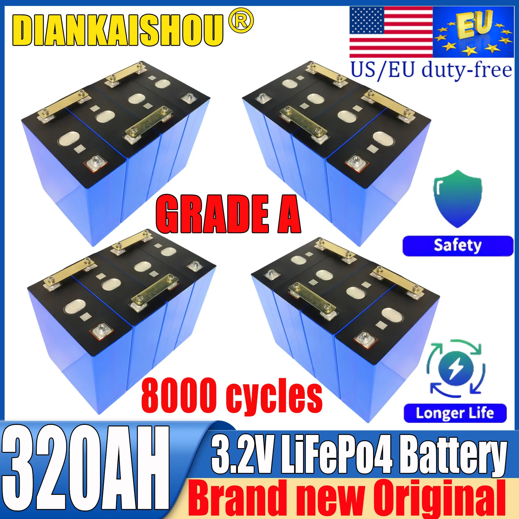 8000 cycles 3.2V 320ah Lifepo4 battery DIY 12V 24V 48V A-class RV golf car and vessel solar energy storage rechargeable battery