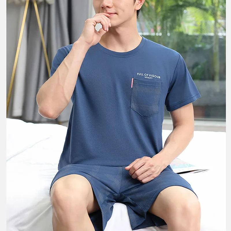 Men Pajamas Sleepwear O-Neck Striped Short Sleeve Shorts Loungewear Easy to Clean School Large Size 3xl Blue Pajamas 2PCS/Set