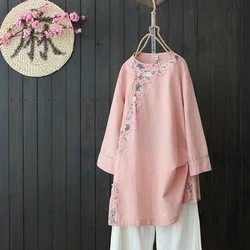 Cotton Linen Embroidery Hanfu Top Pants Two Pieces Chinese Style Retro Women Tang Suit Shirt Set China Traditional Loose O-neck