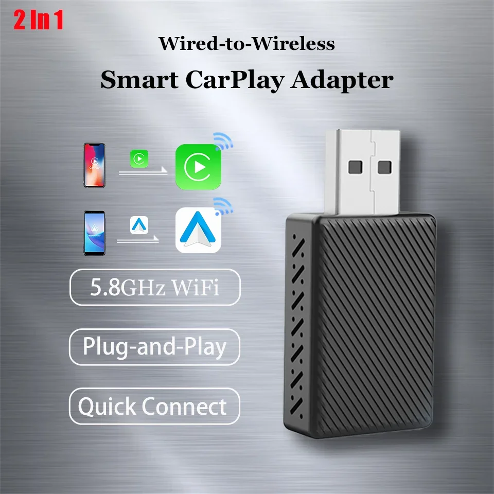 

New 2-in-1 Mini Wireless CarPlay and Android Auto Wired to Wireless Adapter Smart Car Navigation Box 5.8GHz WiFi Plug and Play