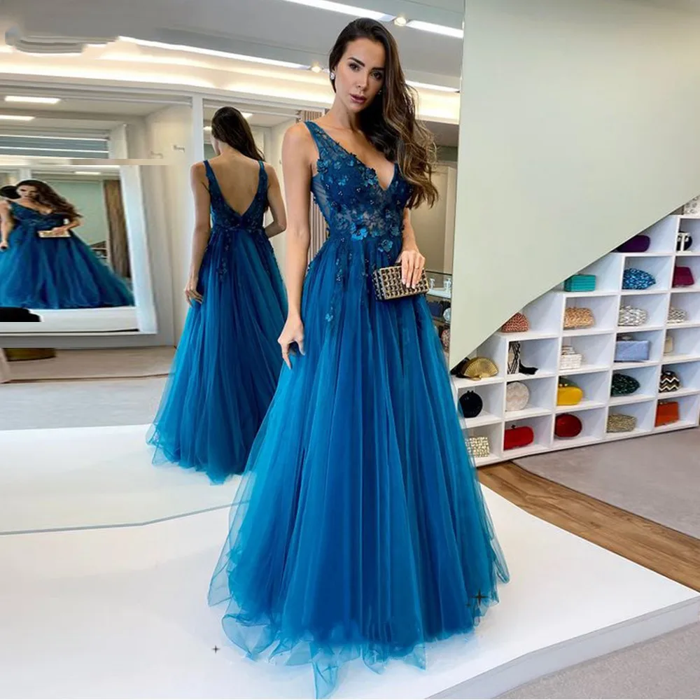 Buatan tangan 3D bordir A-line Vestidos De Fiesta safir biru gaun Prom Tulle gaun pesta elegan lantai gaun malam panjang