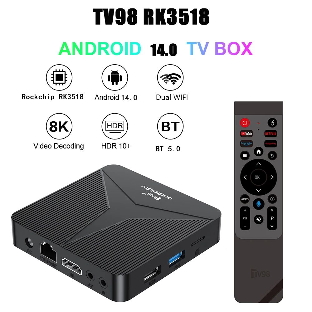 ТВ-приставка TV98 ATV RK3518 на Android 14 с двухдиапазонным Wi-Fi 2.4G/5G, BT5.0, поддержкой декодирования 4K/8K, Ultra HD, голосовым пультом дистанционного управления и функцией потоковой передачи.