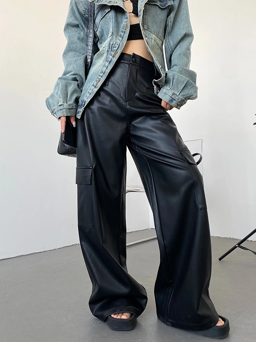 Glossy Multi-Pocket Cargo Pants Design Hot Girl Pu Leather Pants Women's High Street Style Casual Loose Trendy Wide-Leg Pants