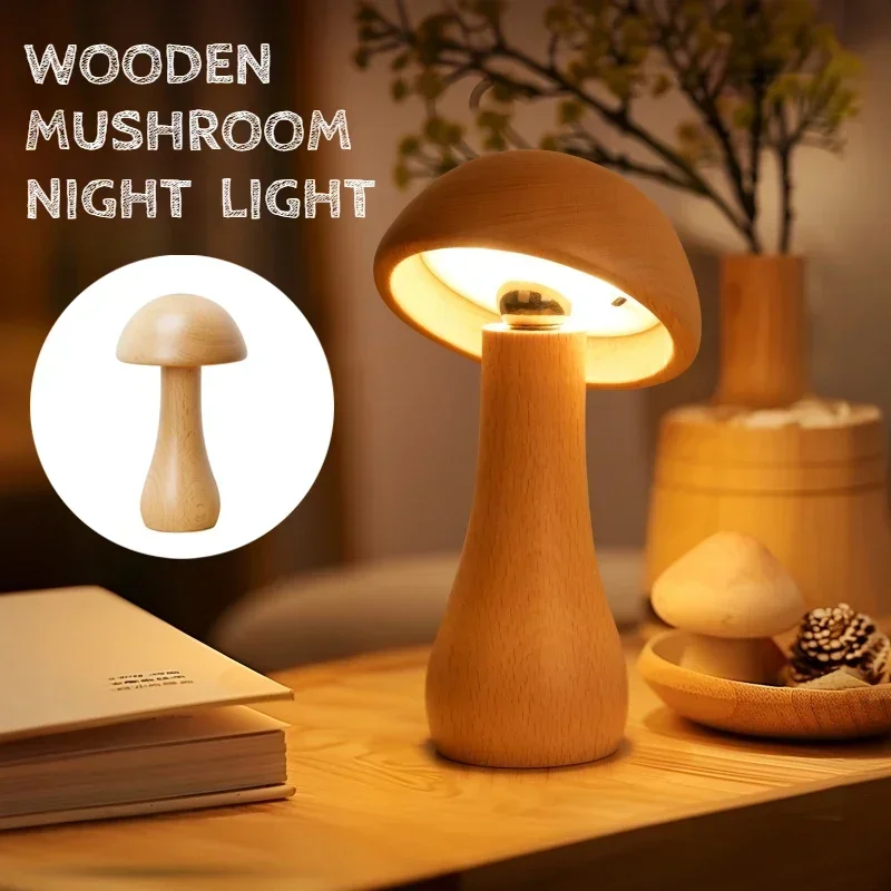 

Mushroom Night Lights for Kids Cute Beech Wood Nightlight Eye Protection Dimmable Night Lamp USB Charging for Bedroom Bedside
