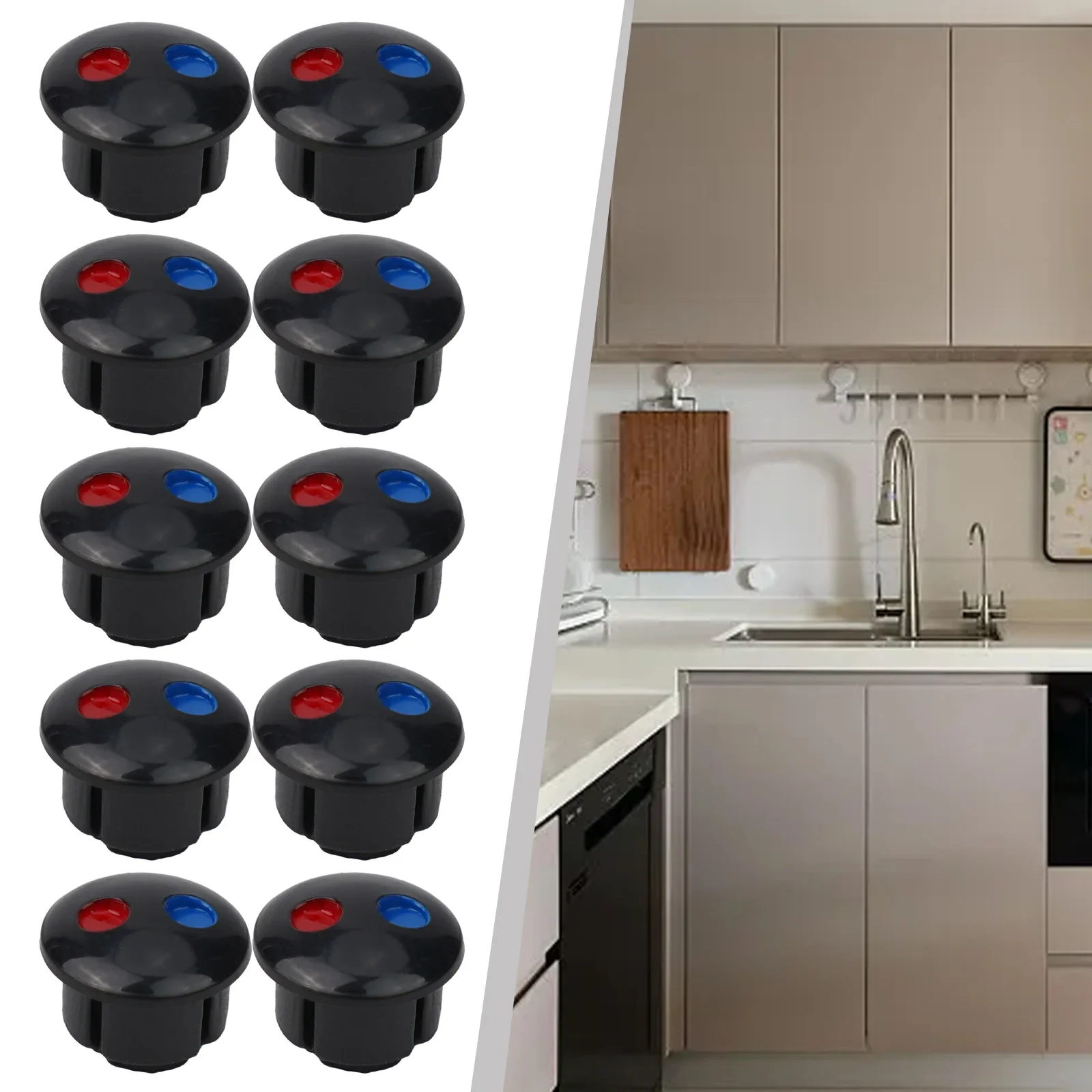 10PCS Hot + Cold Water Signs Plastic Faucet Handle Red + Blue Label Decoration Cover 9*6.8*6cm Silver Black With Dia 6.7mm