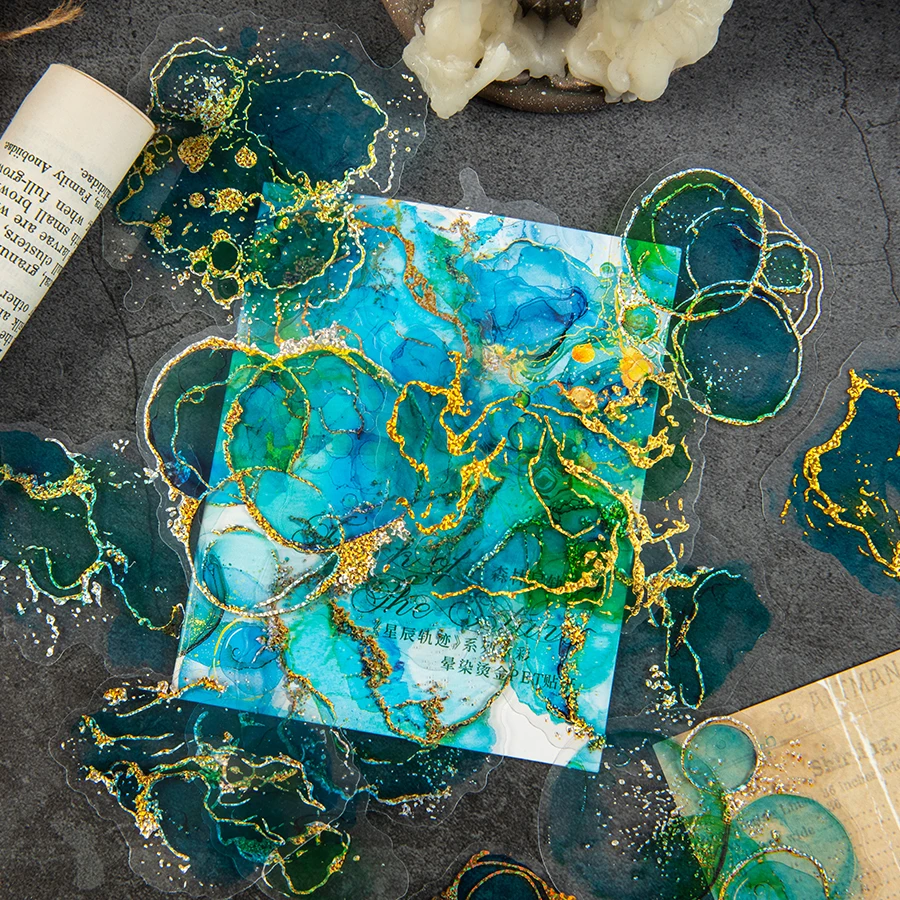 15 arkuszy/opakowanie Naklejki akwarelowe Gwieździste Niebo, Mieszanie Akwareli, Wodoodporne Naklejki z Złotą Folią PET