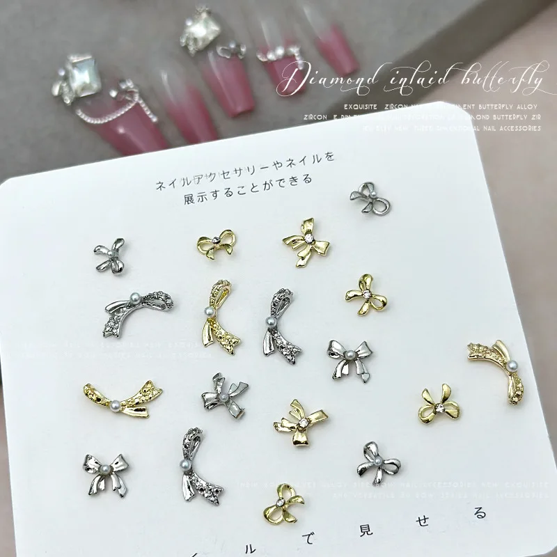 10PCS 실버 골드 금속 3D 네일 아트 보우 매력 매니큐어 장식 손톱 장식 디자인 용품에 대 한 진주 라인 석 액세서리
