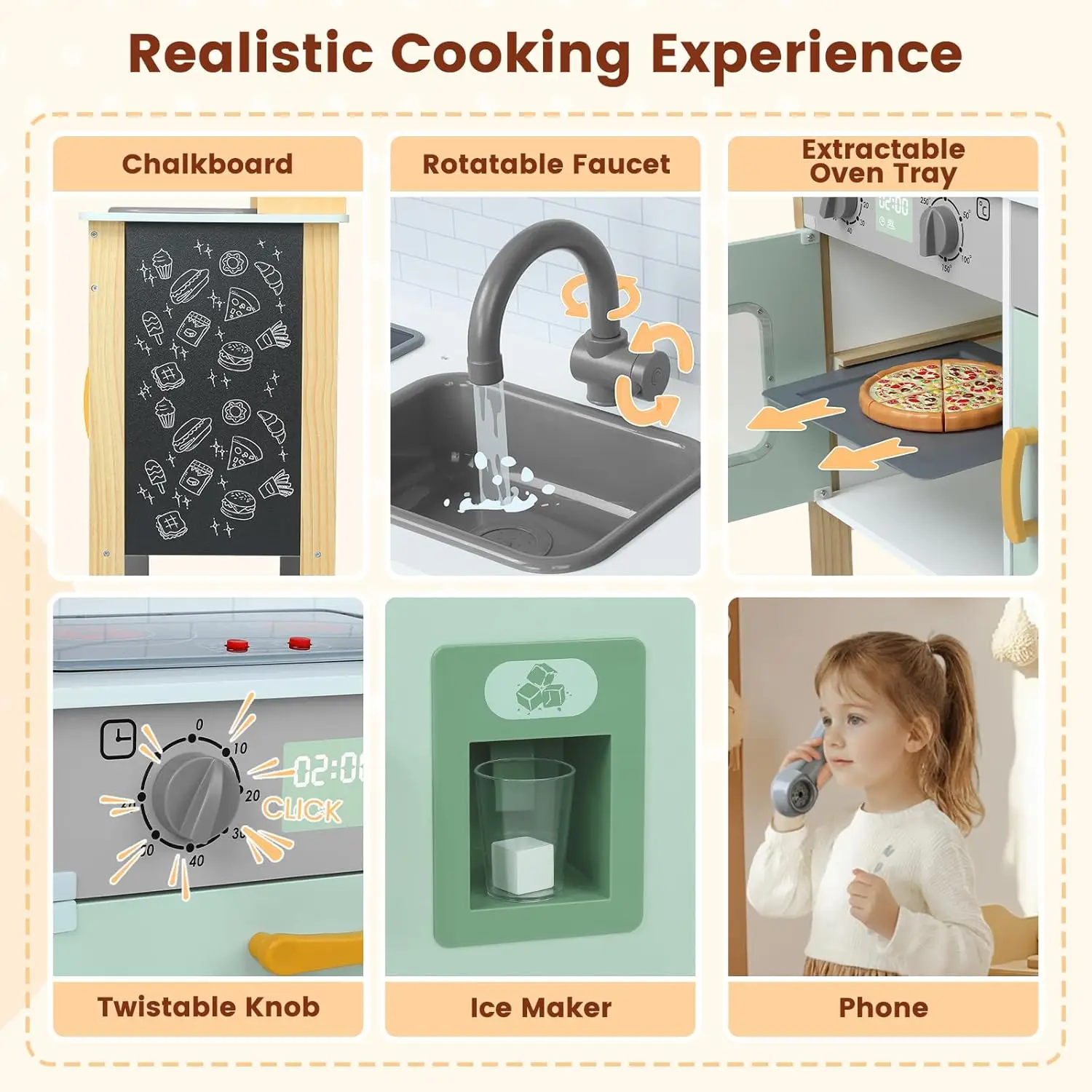 Baw się w kuchnię drewniany zestaw kuchenny dla dzieci udający zabawki dla małych dzieci z prawdziwymi światłami i dźwiękami, z regulacją wysokości 3, kredek