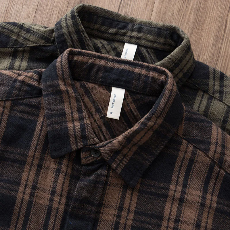 American Retro Long Sleeve Cotton Shirt Thickened Pure Cotton Flocking Shoulder Loosely Workwear Plaid Shirt for Men