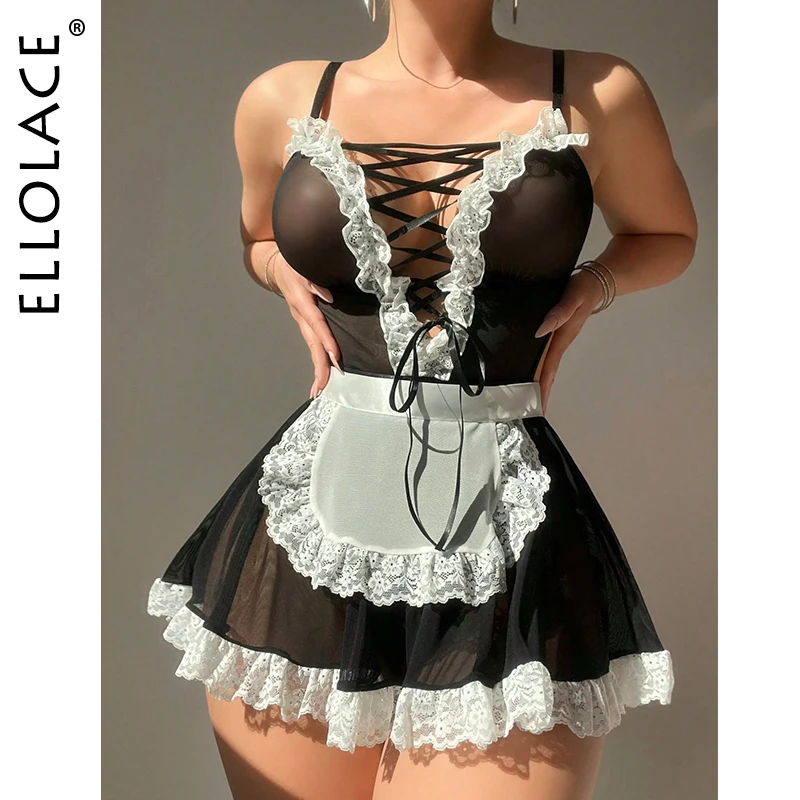 

Ellolace домашнее белье для косплея, Комплект из 3-х предметов, прозрачный топ на шнуровке, фартук, стринги, экзотические комплекты, сетчатые кружевные Onlyfans, маскировка