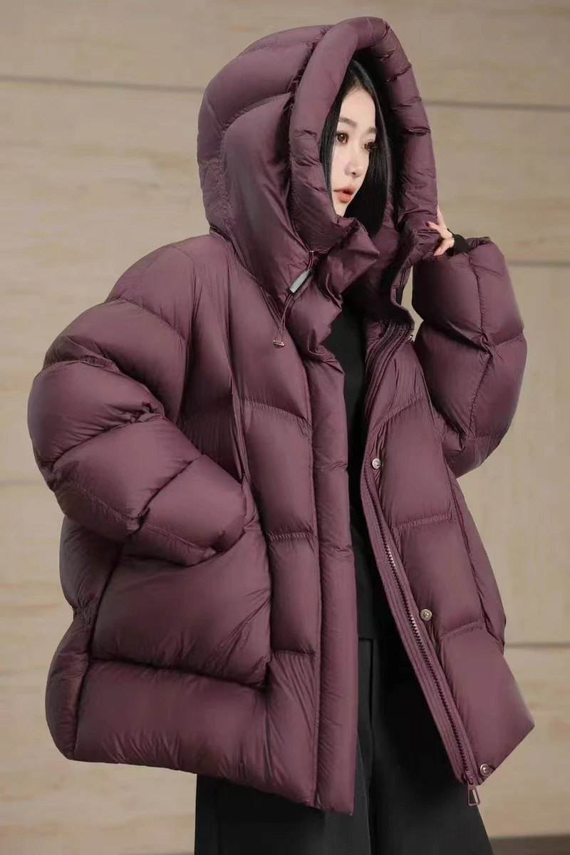 Puff Down Jacket Female 2024 Winter New Hooded Medium-length Versatile Loose Puffer Jacket Thickened White Duck Down Warm Coat