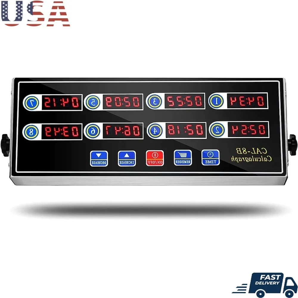 

Stainless Steel Kitchen Timer 8 Channel Loud Alarm Digital Countdown Timer LED Display Restaurant Use Plug In