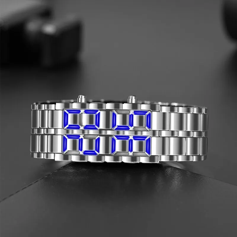 Fashion Silver Full Metal Digital Lava Wrist Watch Men Blue LED Display Mens Watches Gifts for Male Boy Sport Creative Clock