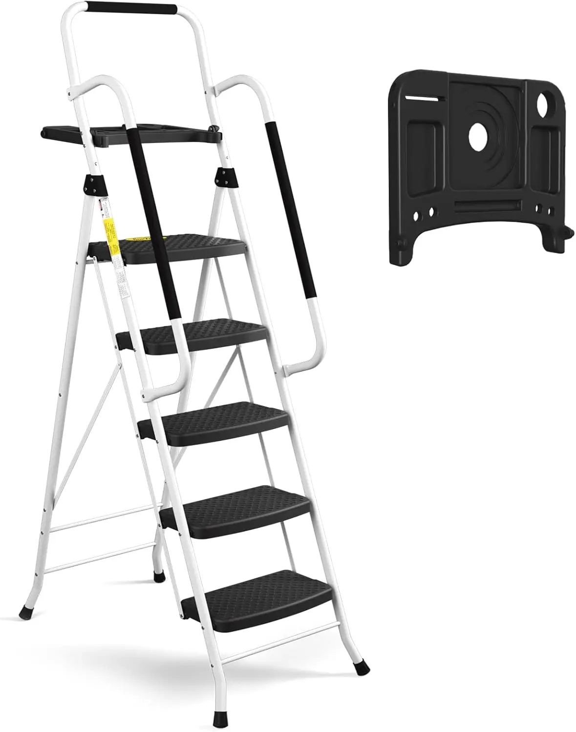 5 Step Ladder with Handrails, Folding Step Stool Portable Steel Ladder for Adults for Home Kitchen Library Office, White