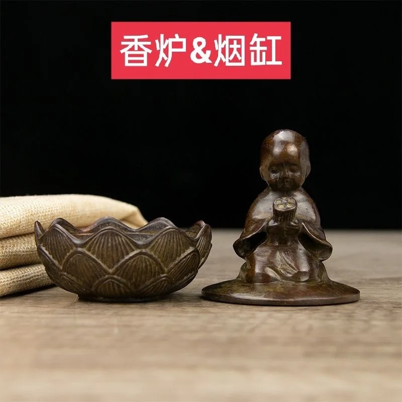 

Lotus Incense Burner Antique Incense Burner with Lid Lotus Buddha Monk Incense Burner Home Incense Burner Ashtray Decoration