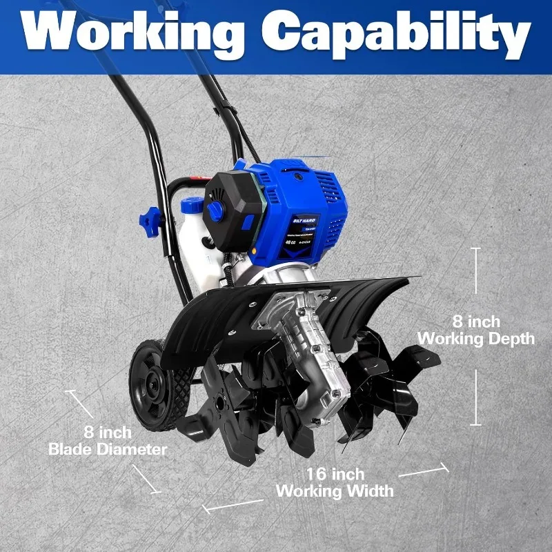 home.46cc 4-Cycle 1.9HP مزارع الحراثة التي تعمل بالغاز - 16 بوصة عجلات فولاذية شديدة التحمل، عجلات قابلة للتعديل وعلامة