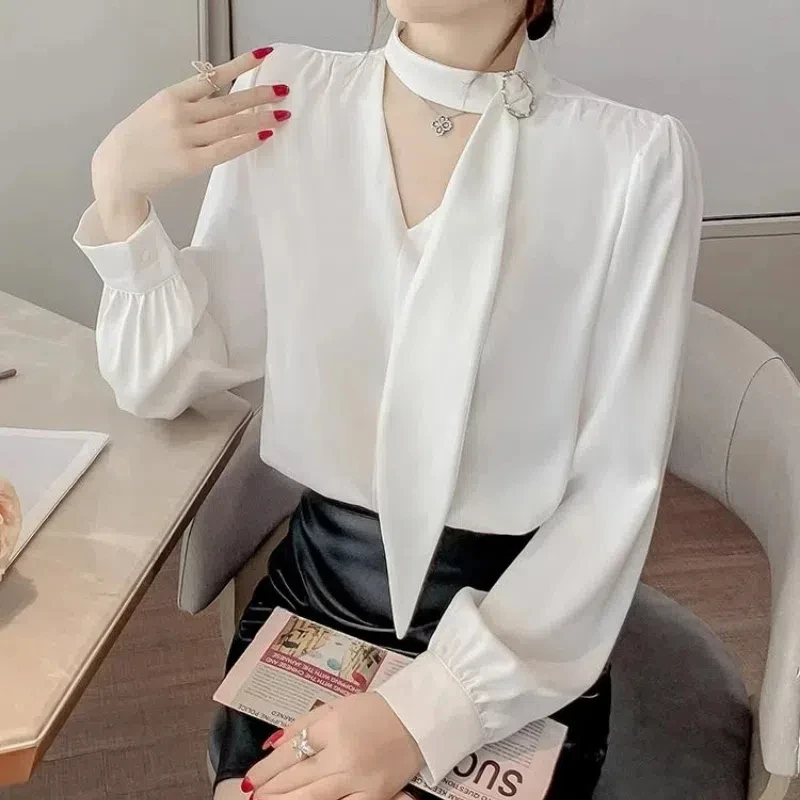 Temperament Chiffon Loose Blouse Spring Autumn New V Neck Solid Long Sleeve Elegant Shirt Tops Vintage Fashion Women Clothing