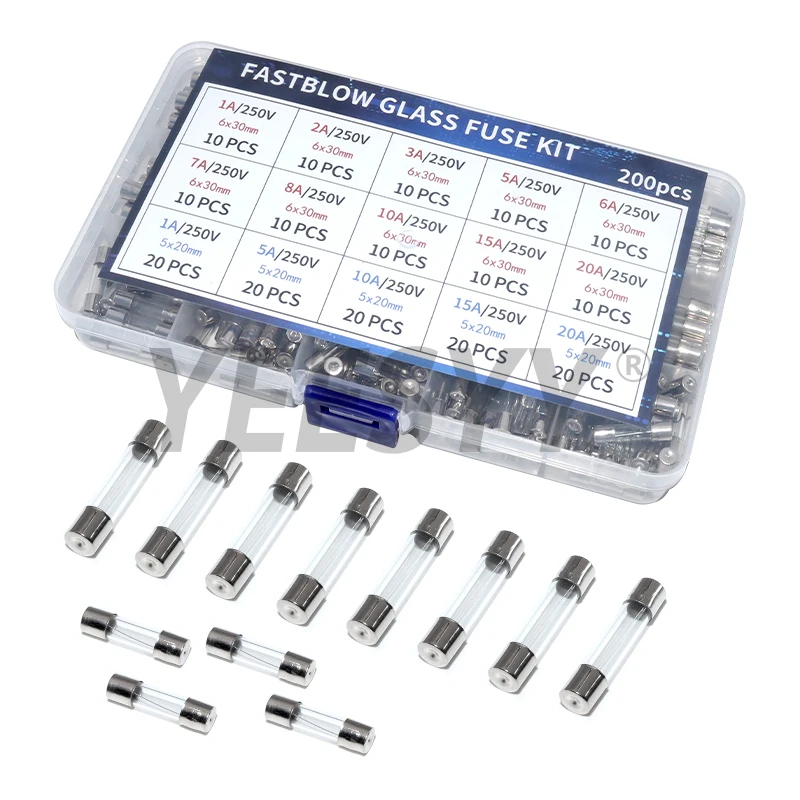 

200Pcs 5x20mm & 6x30mm Fast Blow Glass Fuses Assortment Kit 5x20mm & 6x30mm Glass Tube Fuses 15 Values Auto Fuses Assortment Kit