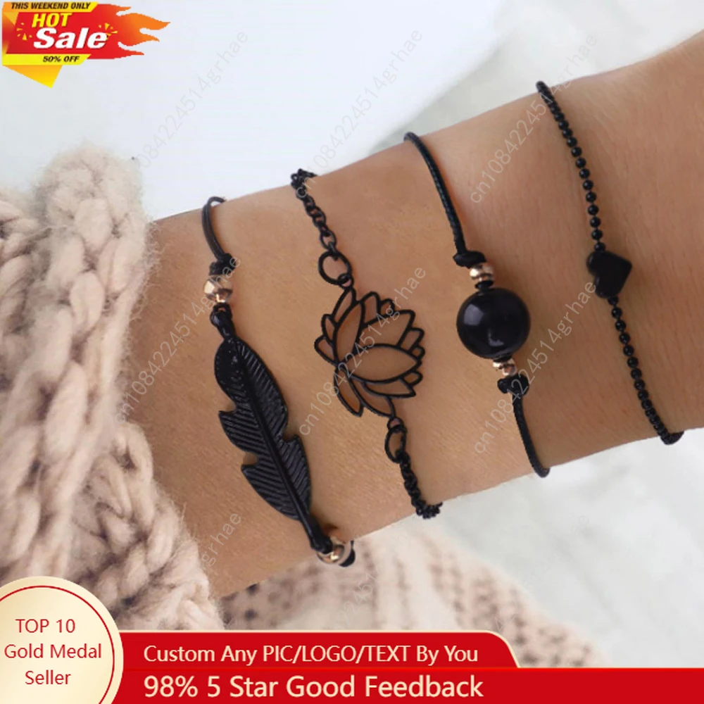 

SUMENG 2024 New Fashion 4PCs Gothic Black Feather Lotus Bracelets Set Heart Charm Boho Bangles For Women Wrist Chain
