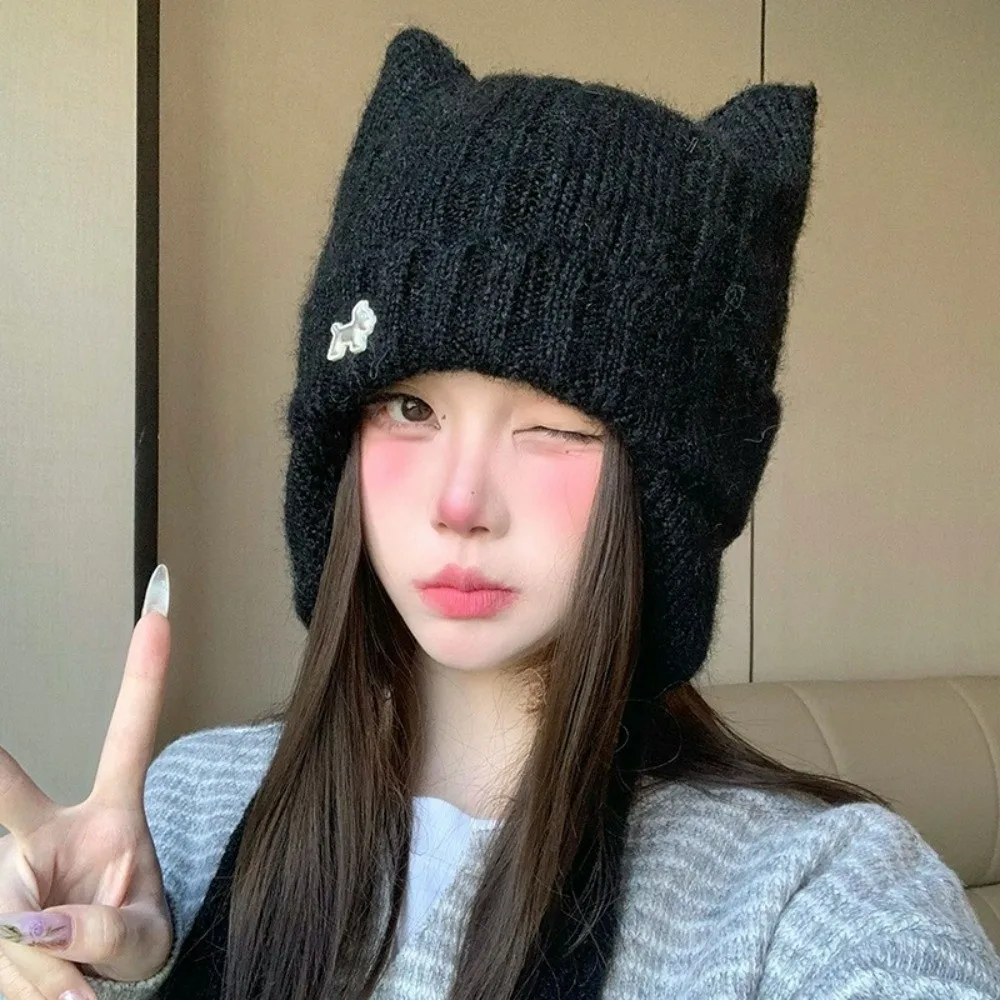 Polyester Fleece Lined Beanie Large Head Circumference 56cm To 58cm Cat Ear Knitted Hat Ear Protection Thick Knit Hat For Women