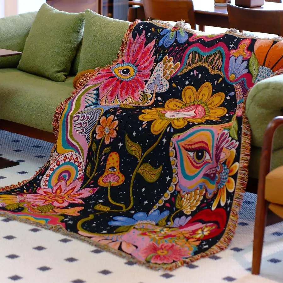 

Декоративный плед в стиле бохо с цветочным узором для дивана, кровати, кресла, гостиной, в стиле хиппи, двусторонний, из хлопка, тканый, причудливый плед, в стиле ведьминского декора