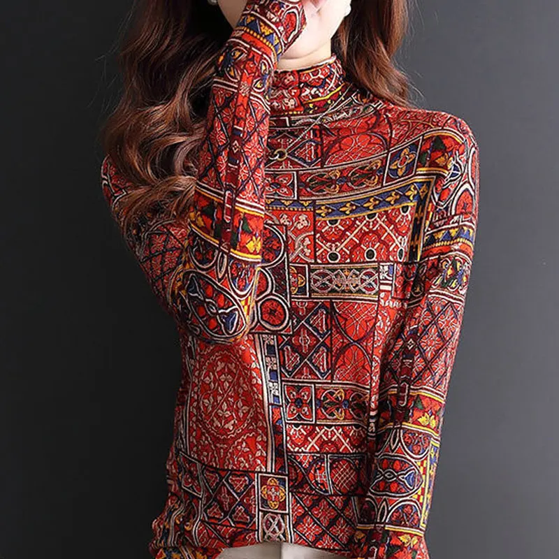 

Female Clothing Folk Printed T-shirt Spring Autumn Patchwork Contrasting Colors Stylish Half High Collar Long Sleeve Pullovers