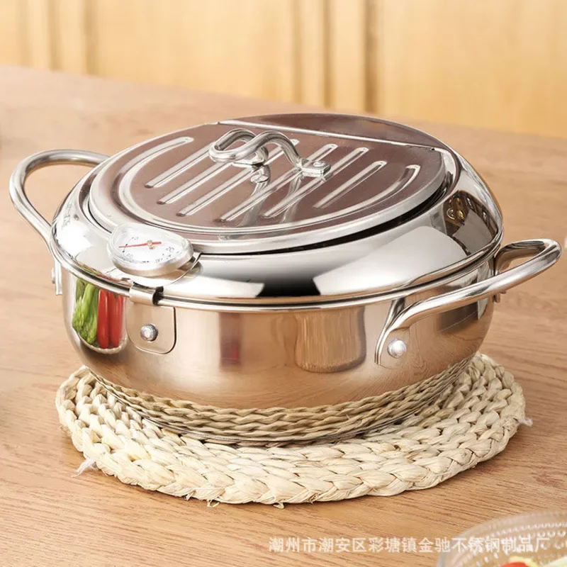 

Professional Japanese Deep Frying Pot Comes with Thermometer Lid, 304 Stainless Steel Perfect for Tempura Fried Delicatures