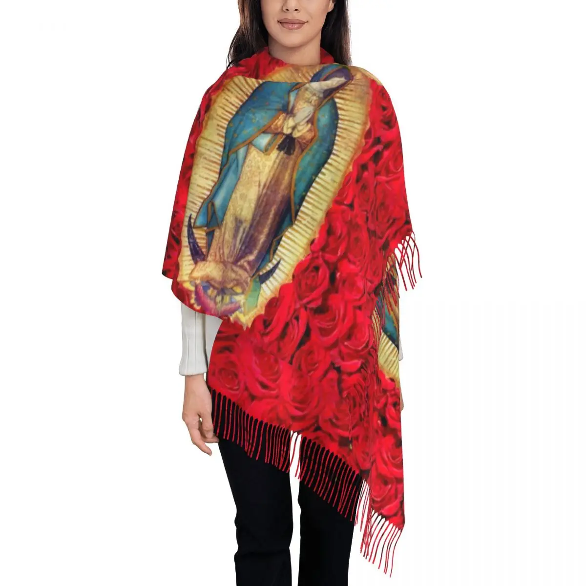 Guadalupe Virgin Mary With Flowers Scarf Wrap Women Long Winter Warm Tassel Shawl Unisex Catholic Scarves