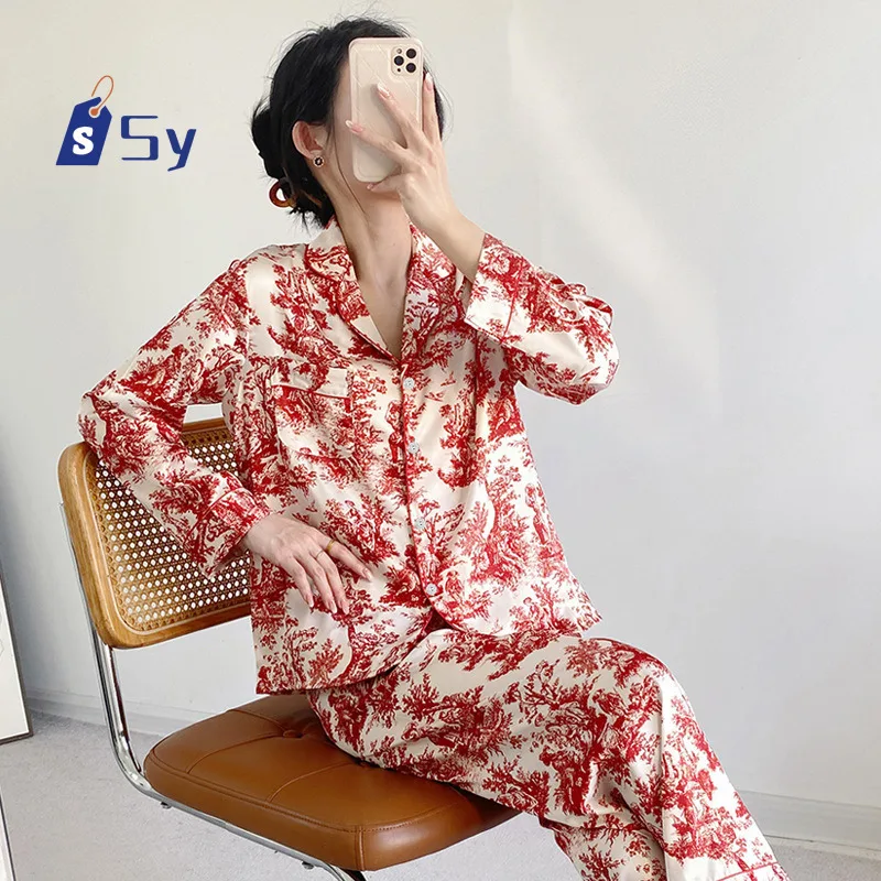 

Sy Fashion Print Flower Pajamas Set Women Sleepwear Spring Summer Trouser Suits Lounge Wear Loose Satin Homewear Pijamas Suit