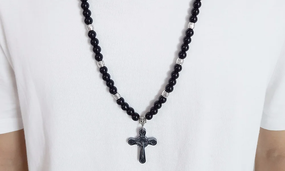 HERREN SCHWARZE CARNELIANISCHE STEIN ROSAIRPERLEN-HALSKETTE CROSS CRUCIFIX KATHOLISCHER MÄNNLICHER SCHMUCK – Detail 5