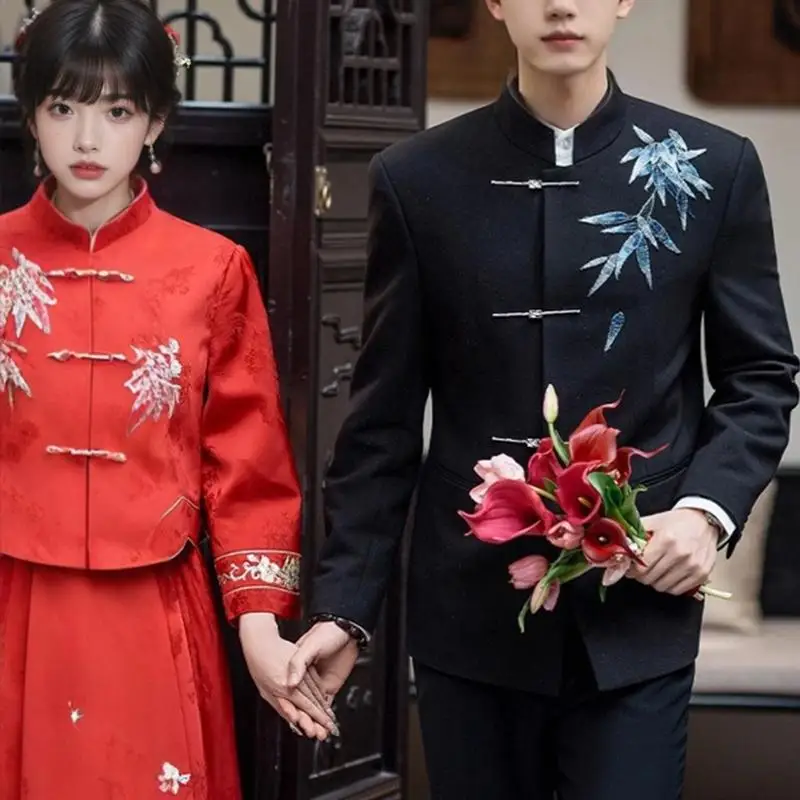 Chinese Style Wedding Suit Set for Men Youth Adult Ceremony Engagement New Groom Western Suit  Suit Traditional Wedd...