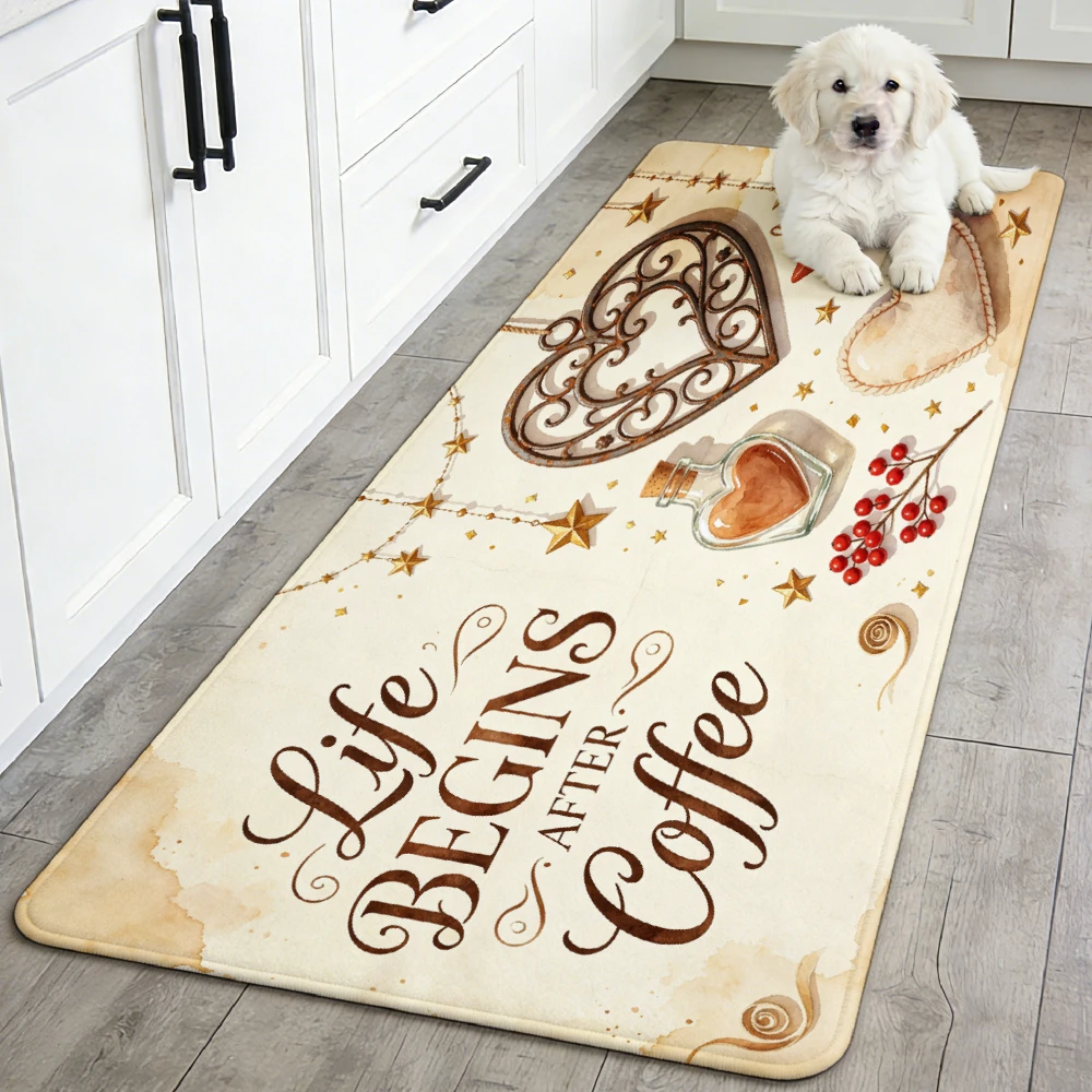 Beige Retro Heart Star Coffee Runner Mat Anti Slip Absorbent Rug Life After Coffee Print Carpet for Bath Cooking Laundry Room