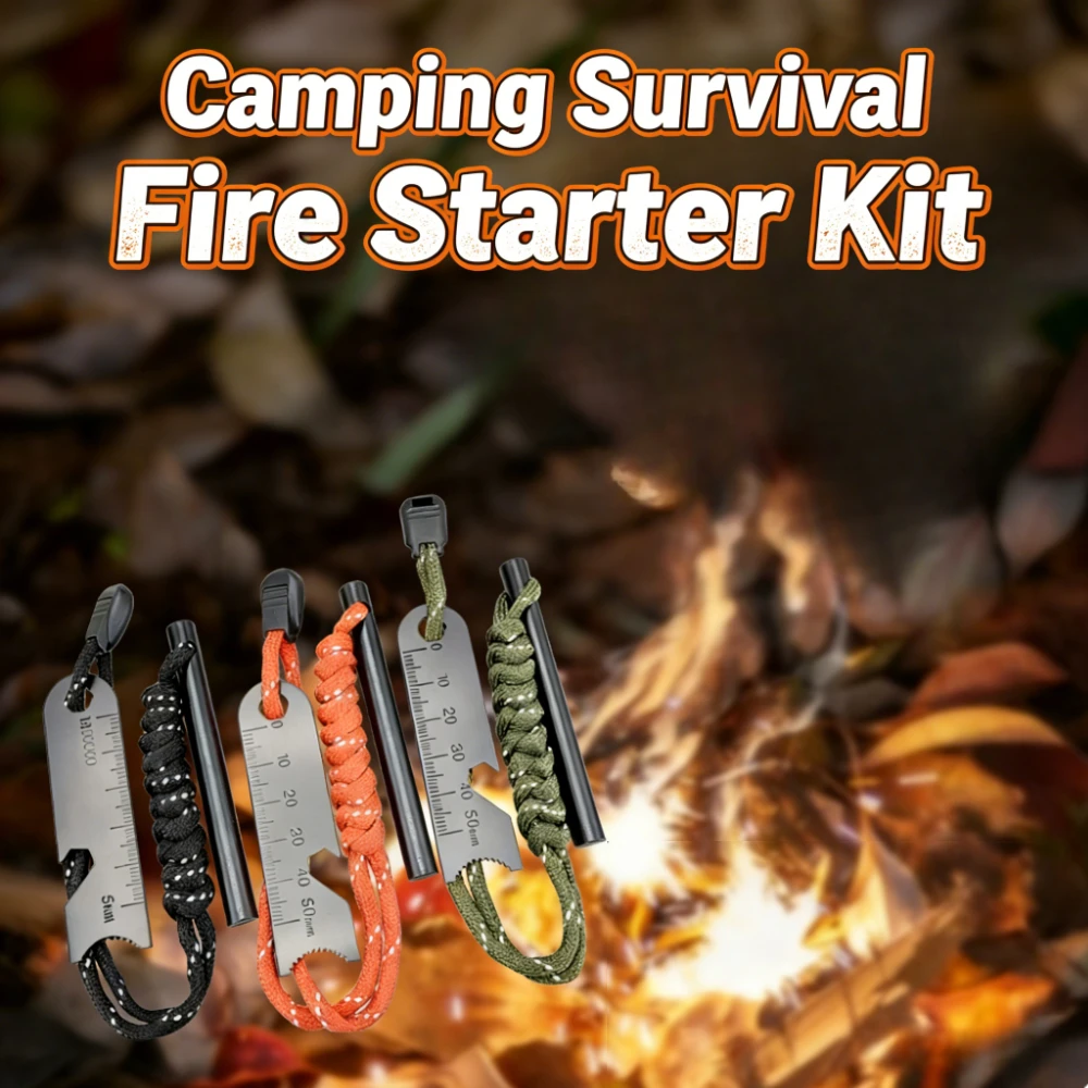 Outdoor Survival Fire Starter, Multifunctional Ferrocerium Rod with Paracord & Ruler Scraper, Camping Emergency Flint Fire Steel