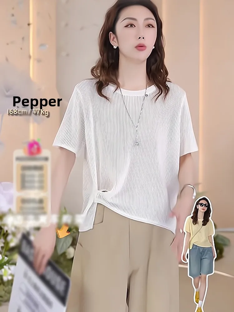 캐주얼 시크 통기성 순색 아이스 실크 니트 탑 반팔 오버헤드 디자인 한국 스타일 레귤러 핏 여름 필수품