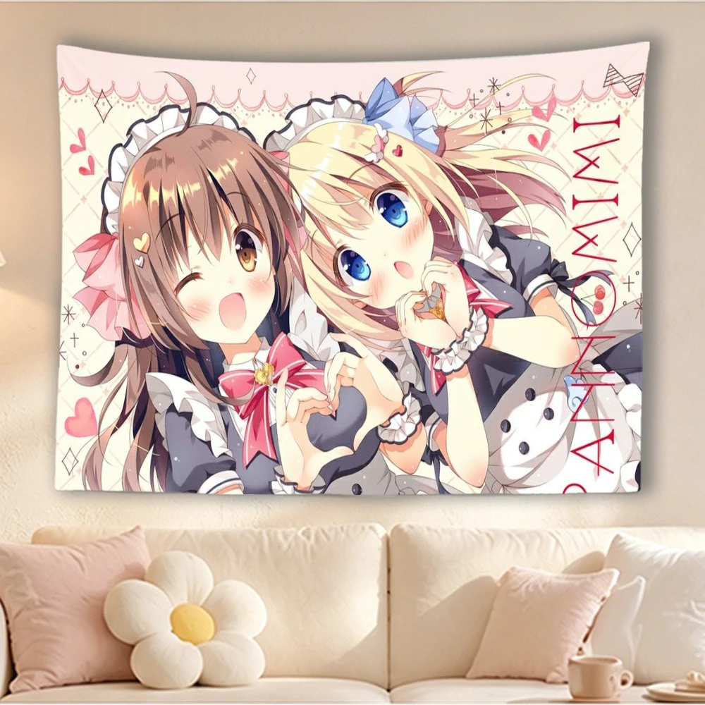 Kawaii Maid Anime Girl Heart Hand Gesture Tapestry Pastel Pink Wall Hanging Decor