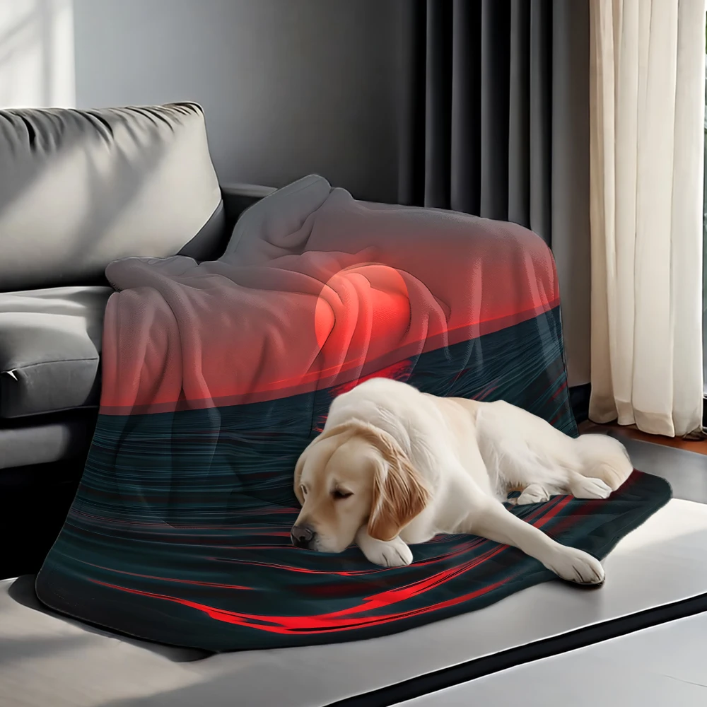 Red Sun Sea Minimal Flannel Blanket Soft Cozy Throw Blanket for Bed Sofa Couch Fuzzy Plush Bed Cover