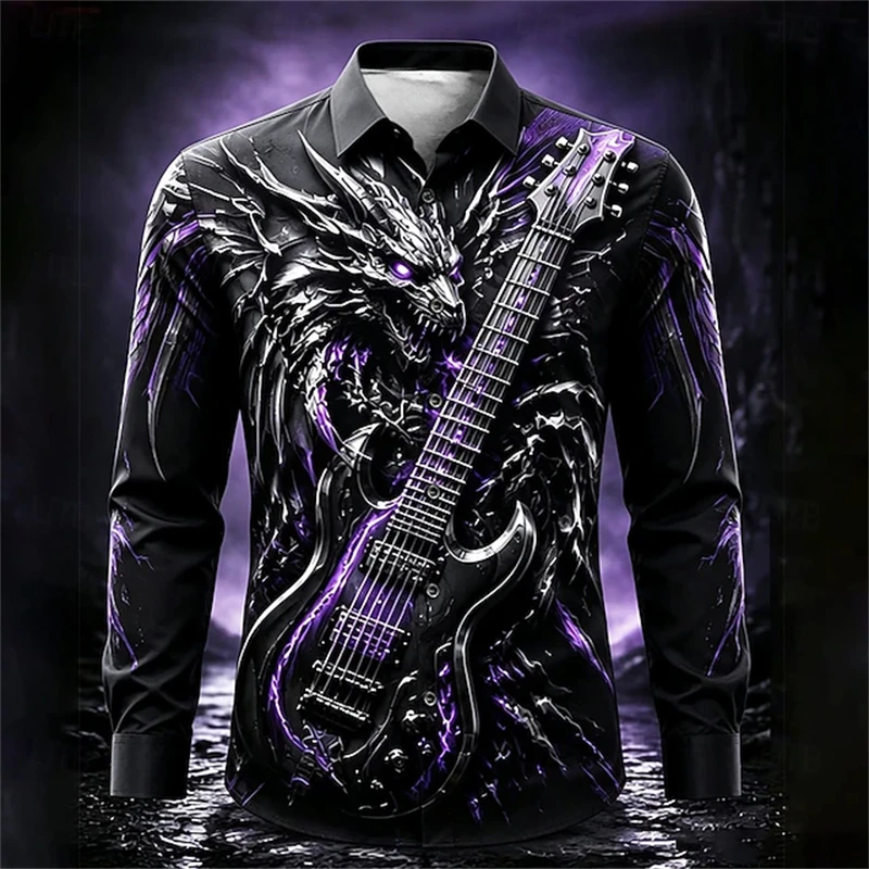 Men Fashion Long Sleeve Shirt Dark Fantasy Dragon Music Graphic Print Nightclub Halloween Festival Top