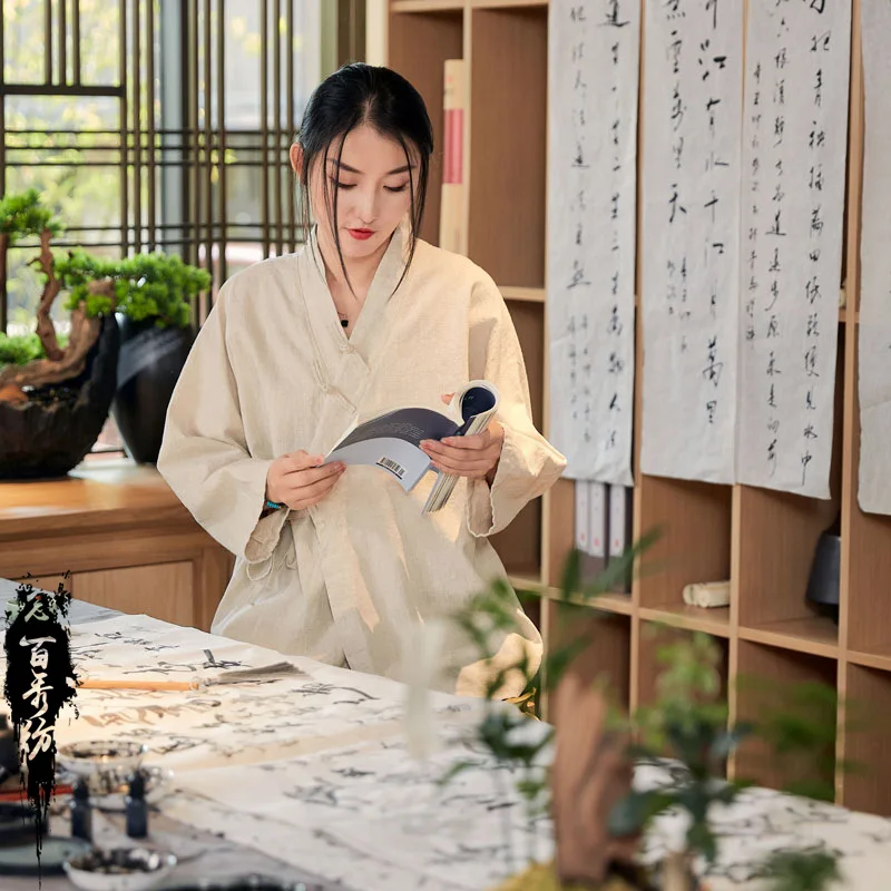 Robe de méditation de thé Ramie lavée en pierre d'automne, Cardigan court de Style Han avec cravate à col montant.