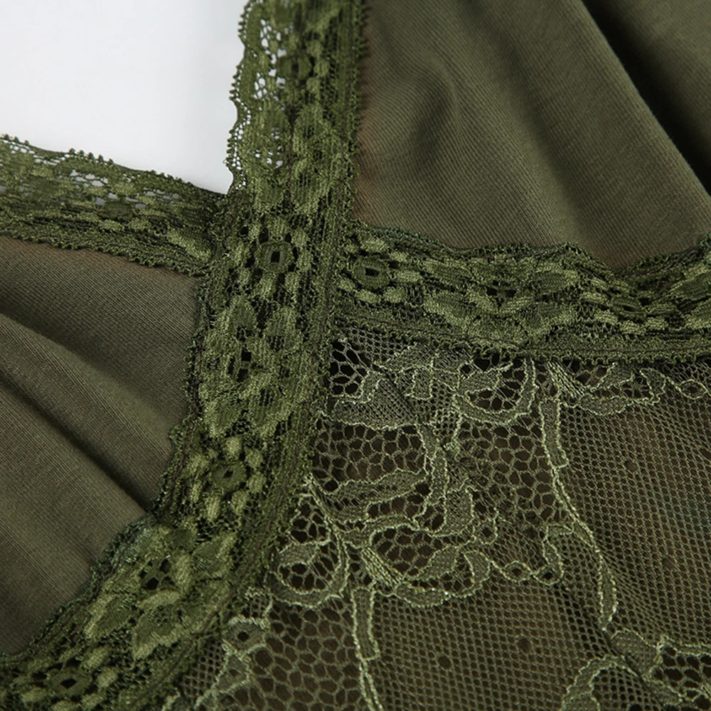 Forest-Style Girl's Vacation Lace Splice Strapless Dress Thin See-through V-neck Asymmetrical Green Long Skirt for Women