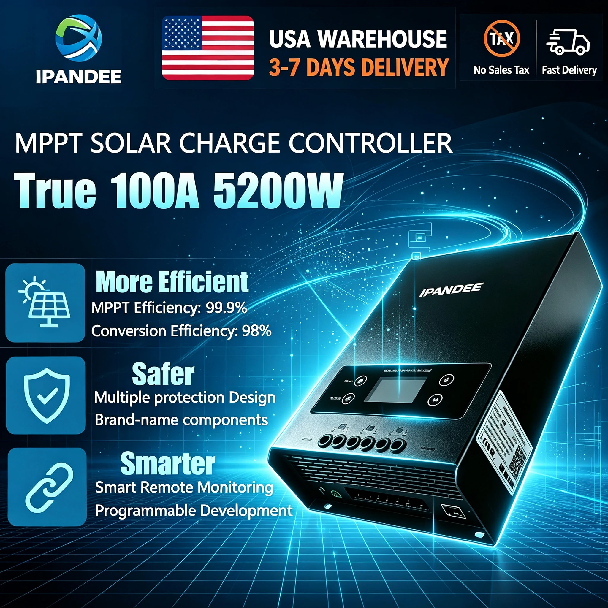 Ipandee 100A 250V MPPT Solar Charge Controller 12V/24V/36V/48V Auto Smart Solar Charger, APP PC Monitoring for Lead-acid, AGM, Gel, Lithium Ect