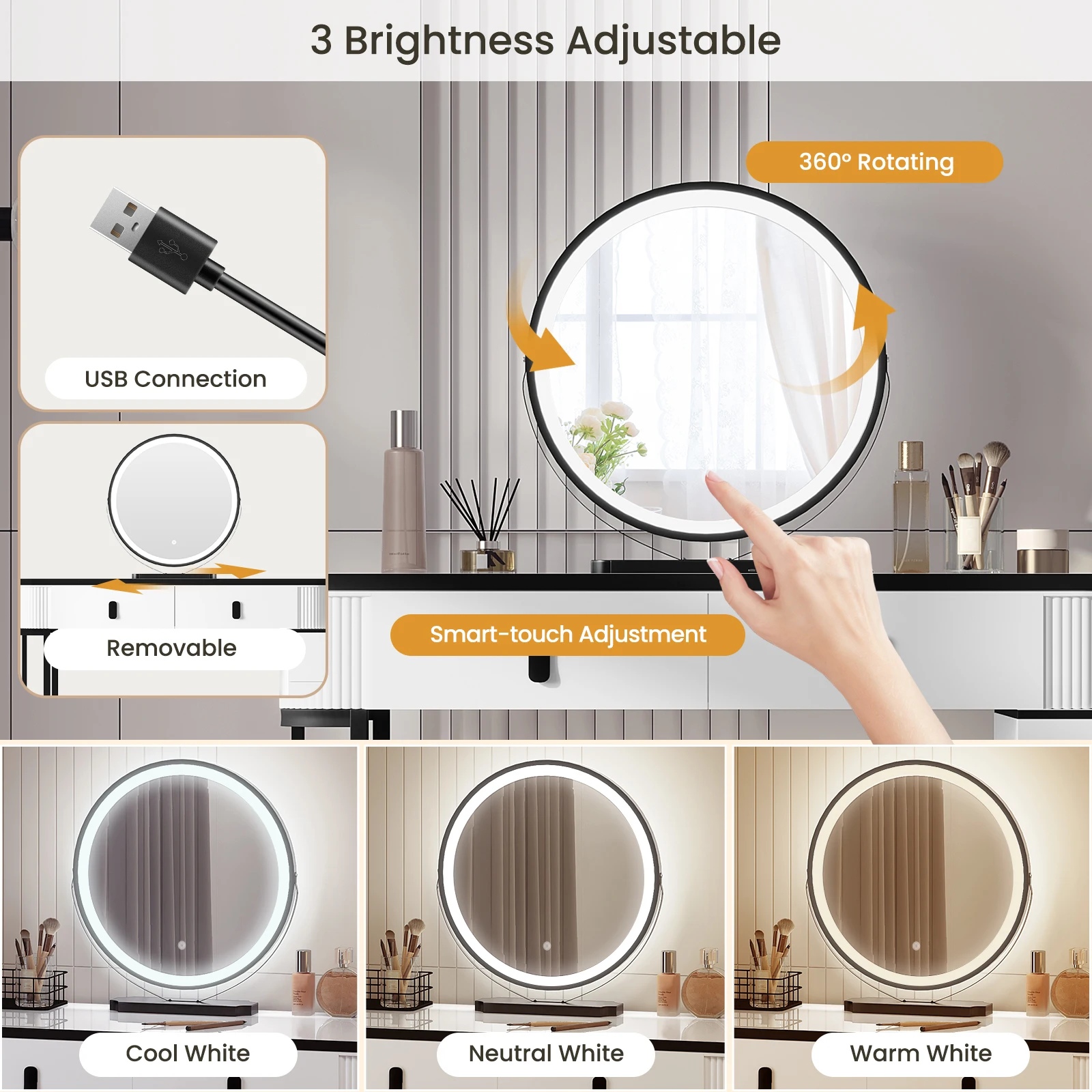 WOLTU Schminktisch mit LED-Beleuchtung, mobiler Spiegel, für Mädchen und Frauen, Waschtisch, flexible Montage, Make-up-Kosmetiktisch für Schlafzimmer – Detail 9