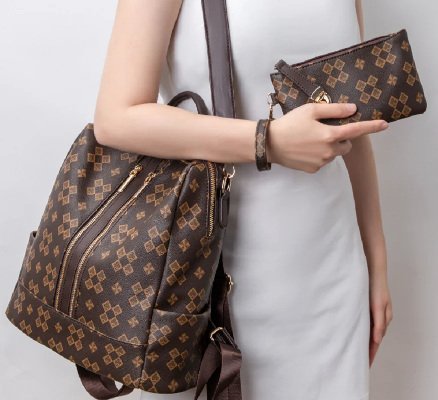 

New Fashion Luxury High Quality Leather Travel Backpacks +Purse Women's Large Capacity Shoulder Bags Totes Notebook School Bag