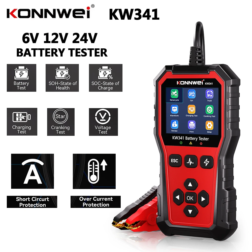 

6V 12V 24V KONNWEI KW341 Car Moto Truck Battery Tester Fault Data Printing Start Voltage Test Battery Charging Scan Tool
