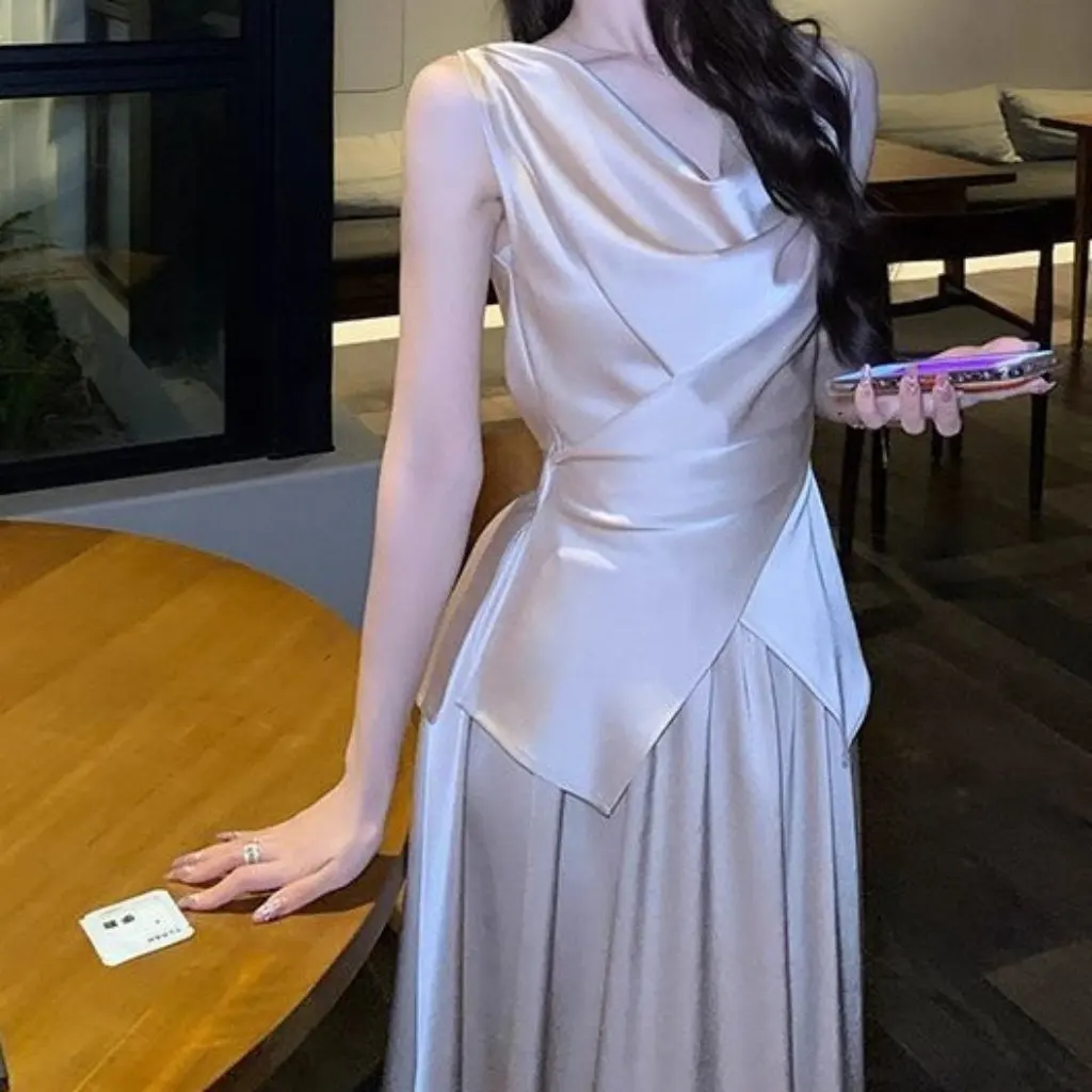 

Корейский стиль, женский модный топ без рукавов с распашным воротником, юбка с высокой талией, комплект, дорогие летние новые поступления из двух предметов