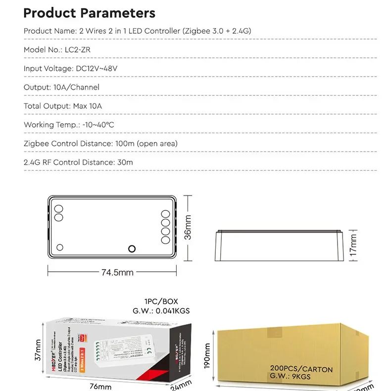 MIBOXER (ZigBee 3.0+2.4G)  2 Wires 2 in 1 CCT/DIM LED Strip Controller support single color dual white 2 output modes