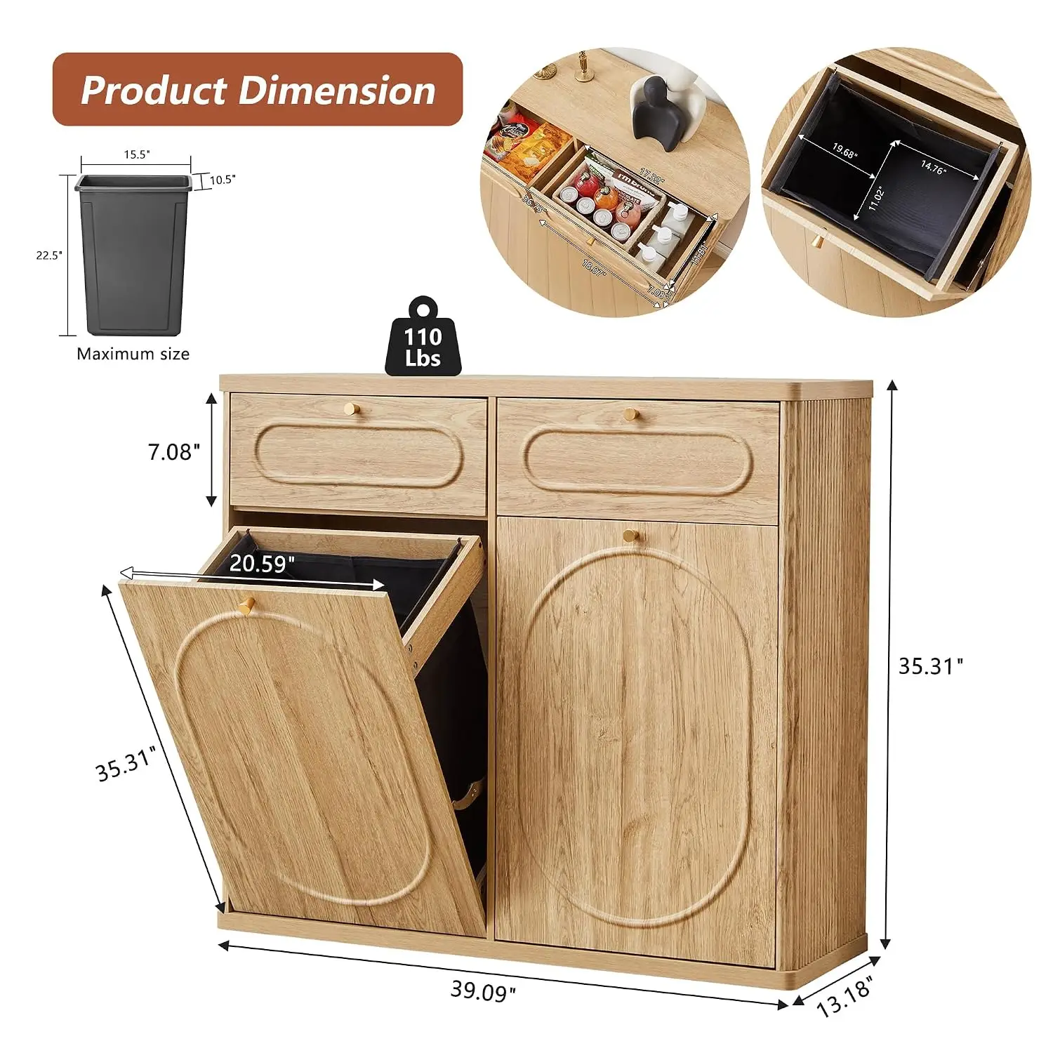 Double Tilt Out Trash Can Cabinet, Wood Kitchen Garbage Bin with Drawer, Fluted 10 Gallon Laundry Hamper Cabinet,, Customized