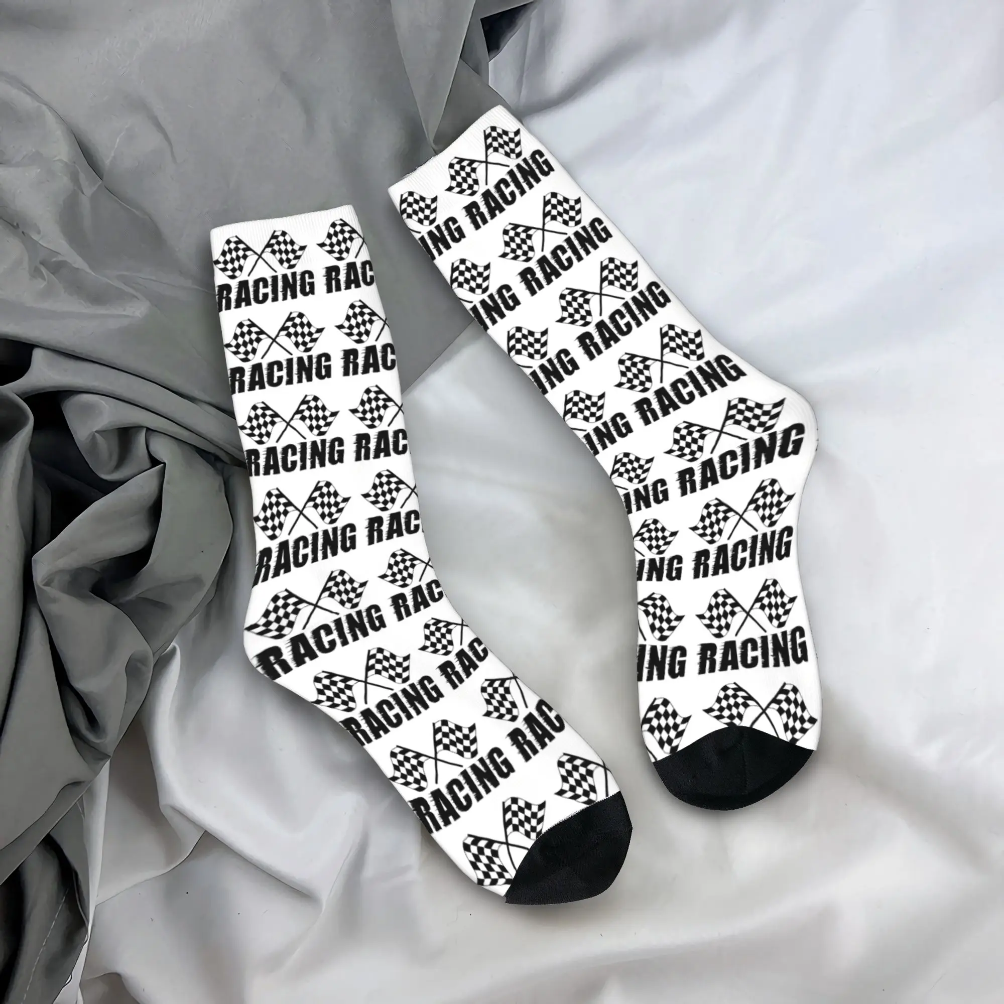 Crossed Checkered Flags With Racing Text Graphic Stockings Unisex Men  Socks Warm Soft Modern Socks Autumn Non-Slip Socks
