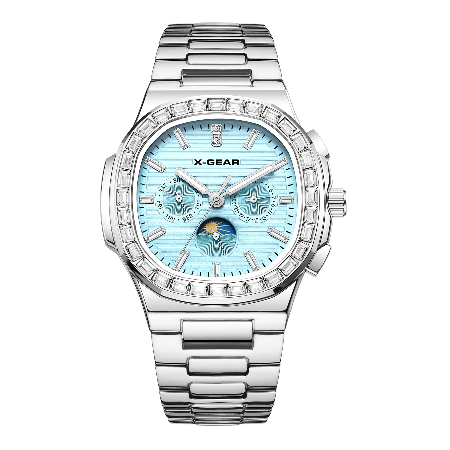 ساعة X-GEAR للرجال ساعات آلية أوتوماتيكية حزام فولاذي مقاوم للماء مرحلة القمر ساعة اليد التقويم الأسبوعي